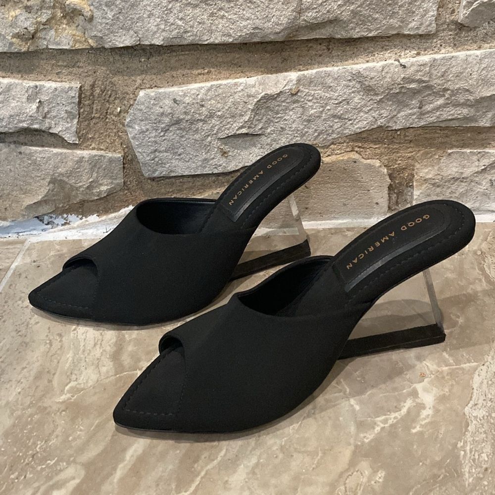 Good American Black Point Toe Acrylic Clear Heel Shoes 7